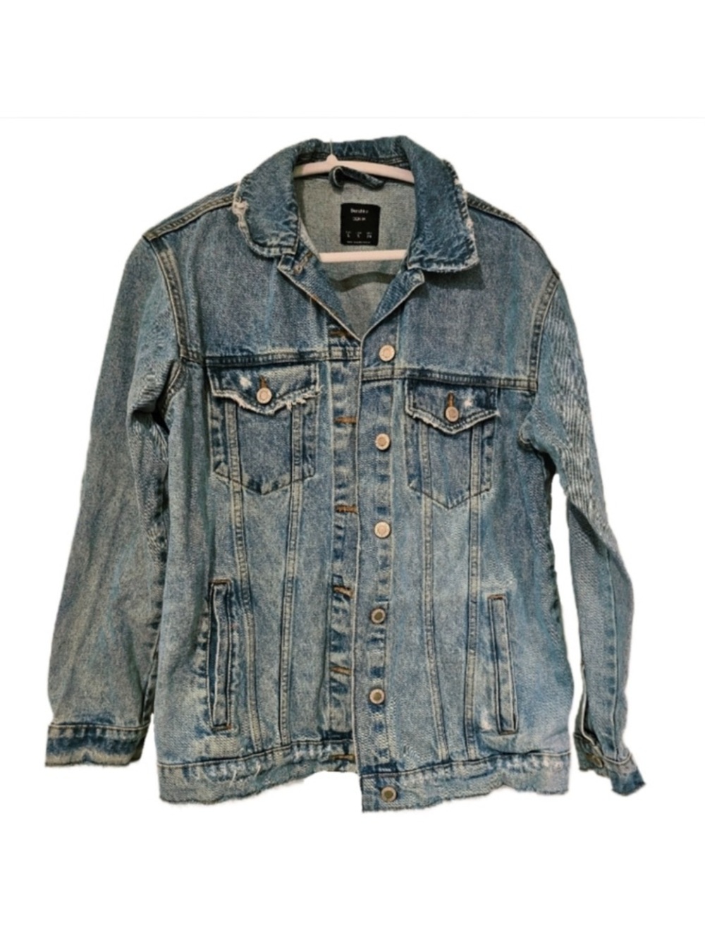bershka distressed blue jean jacket size small